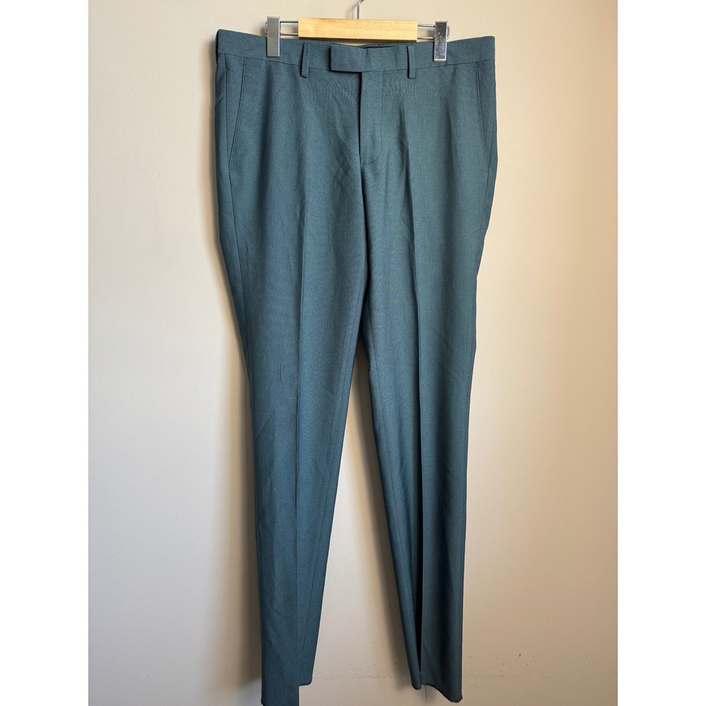 Soul of London Mens Slim Fit Dress Pants Flat Front Trousers Green 34R Unhemmed